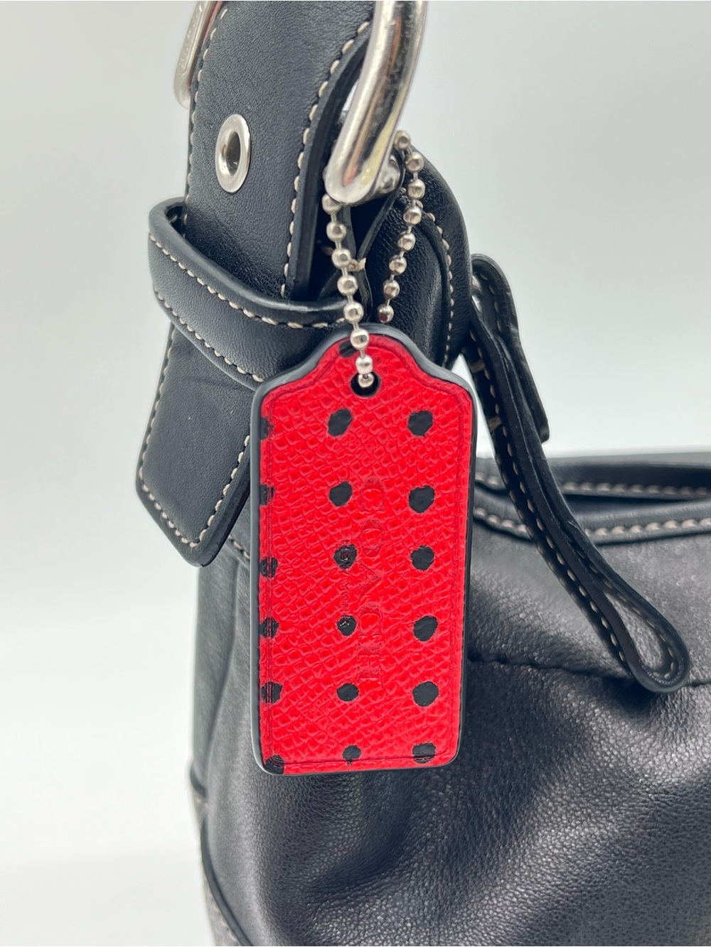 Coach Red Black Polka Dot Leather Hangtag Bag Charm Key Fob Rare Replacement